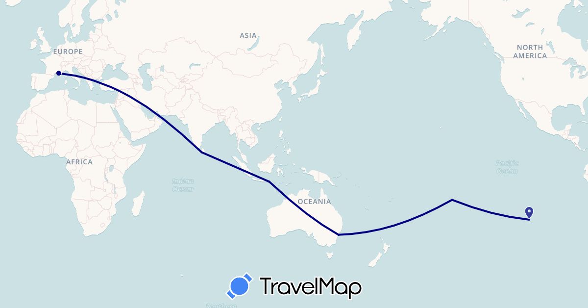 TravelMap itinerary: driving in Australia, Chile, France, Indonesia, Sri Lanka, French Polynesia (Asia, Europe, Oceania, South America)